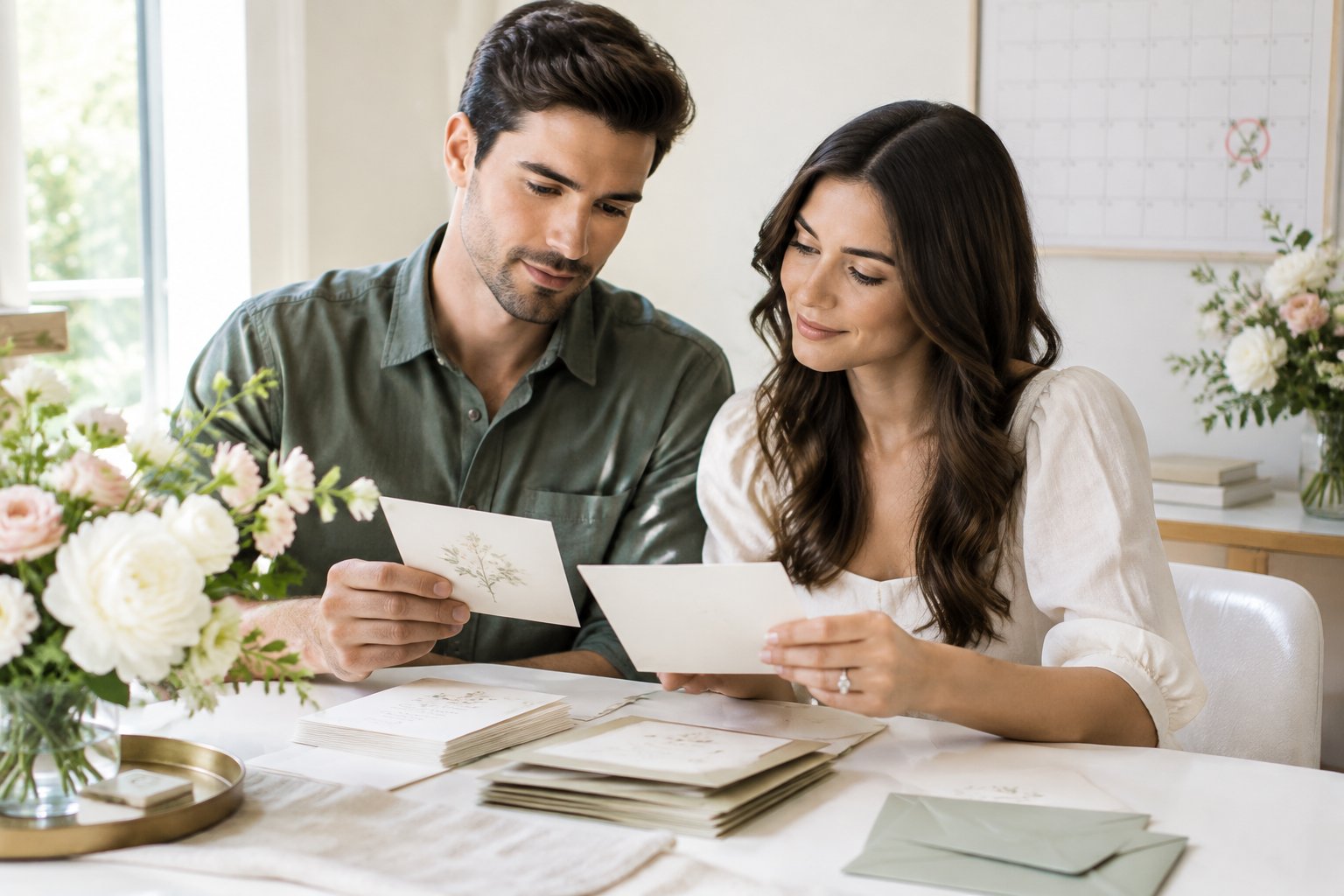An engaged couple reviews wedding invitations together at a table.