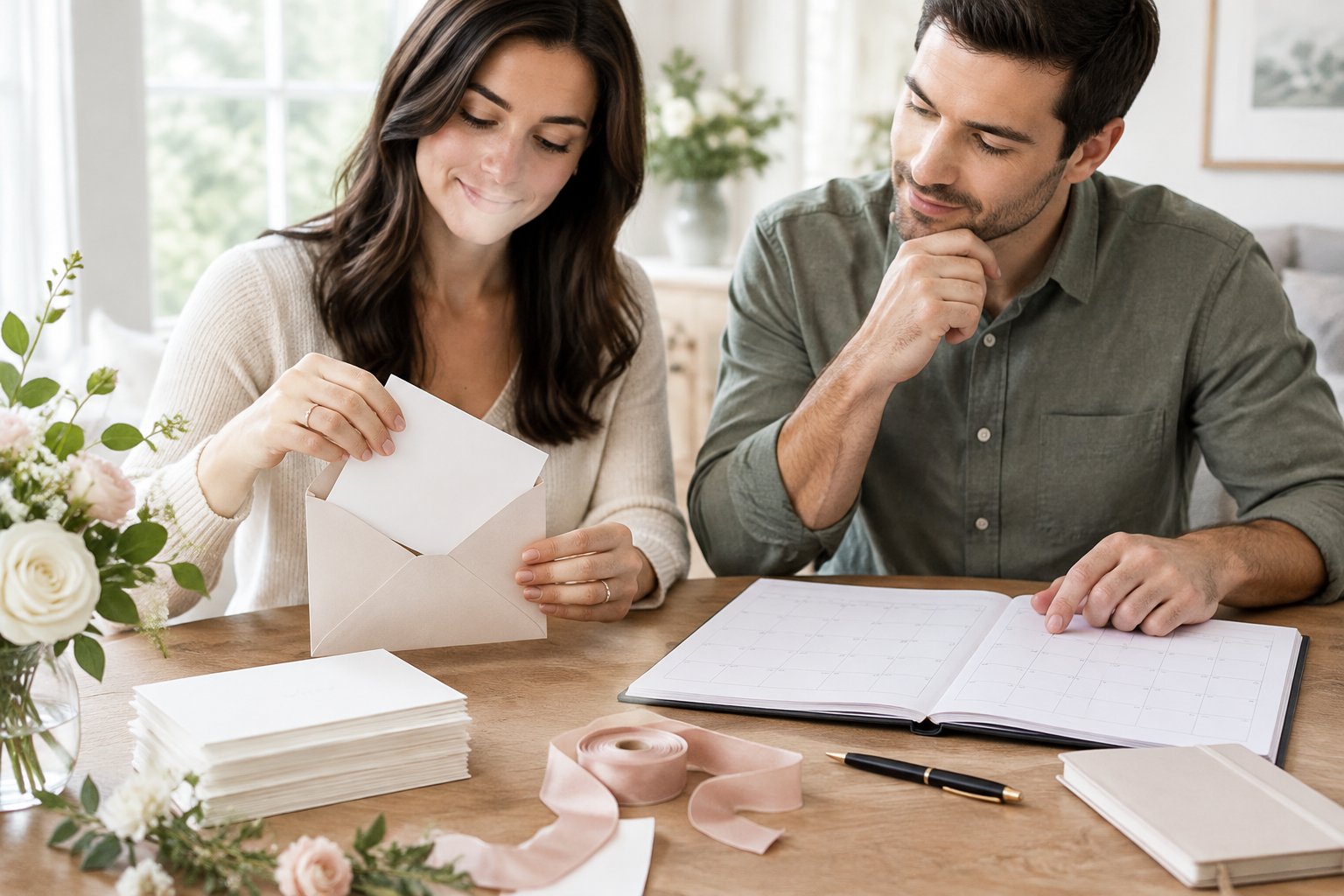 A couple prepares wedding invitations together at a table.