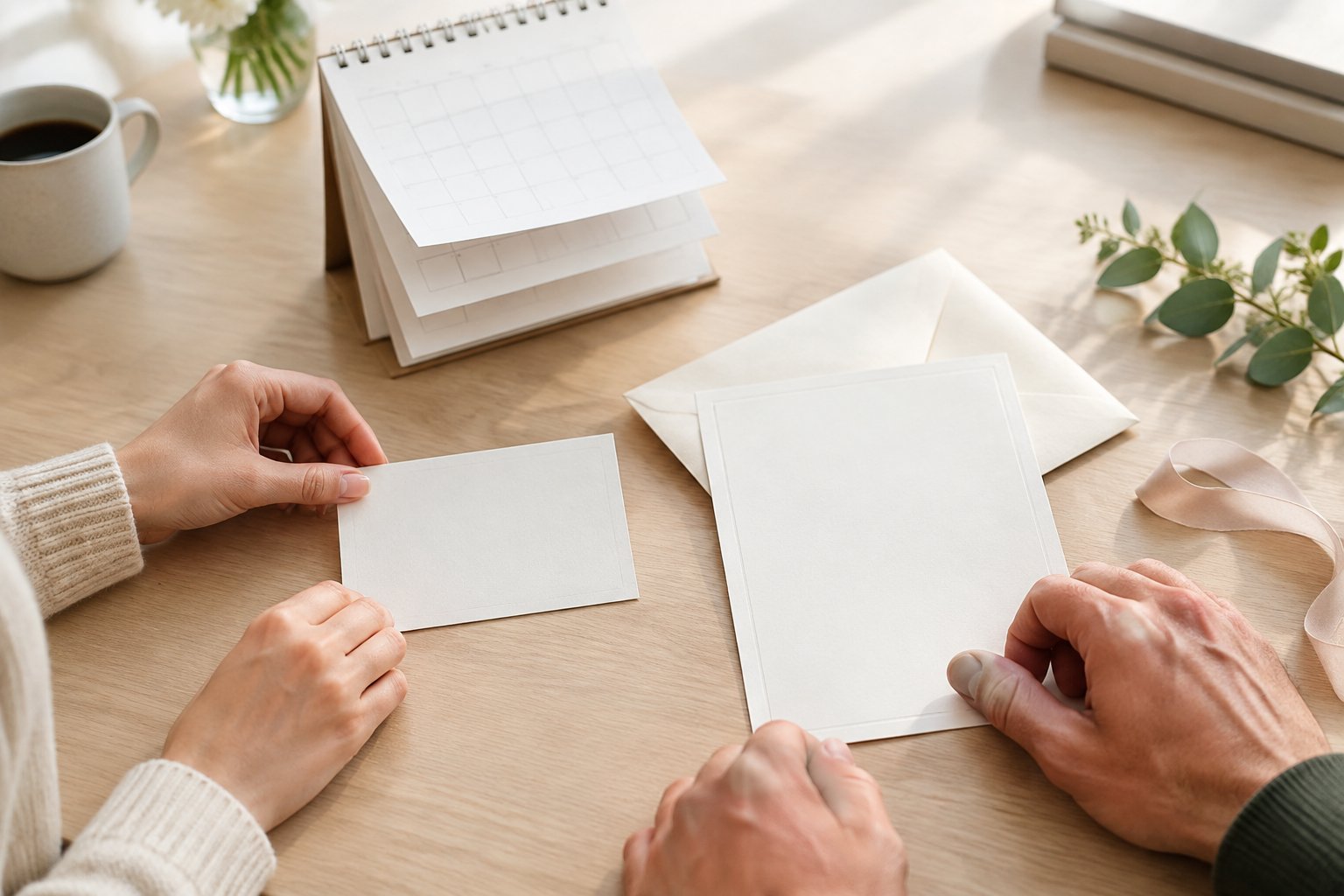 A couple arranges blank wedding stationery beside a calendar.