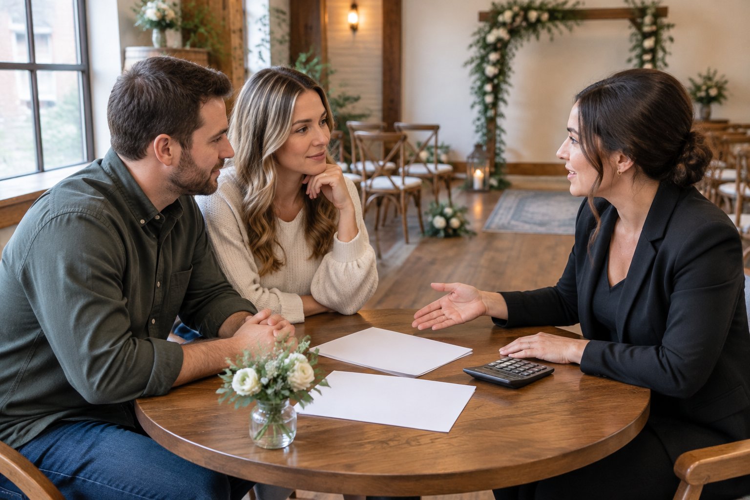 A couple discusses venue costs with a coordinator at a small wedding venue.
