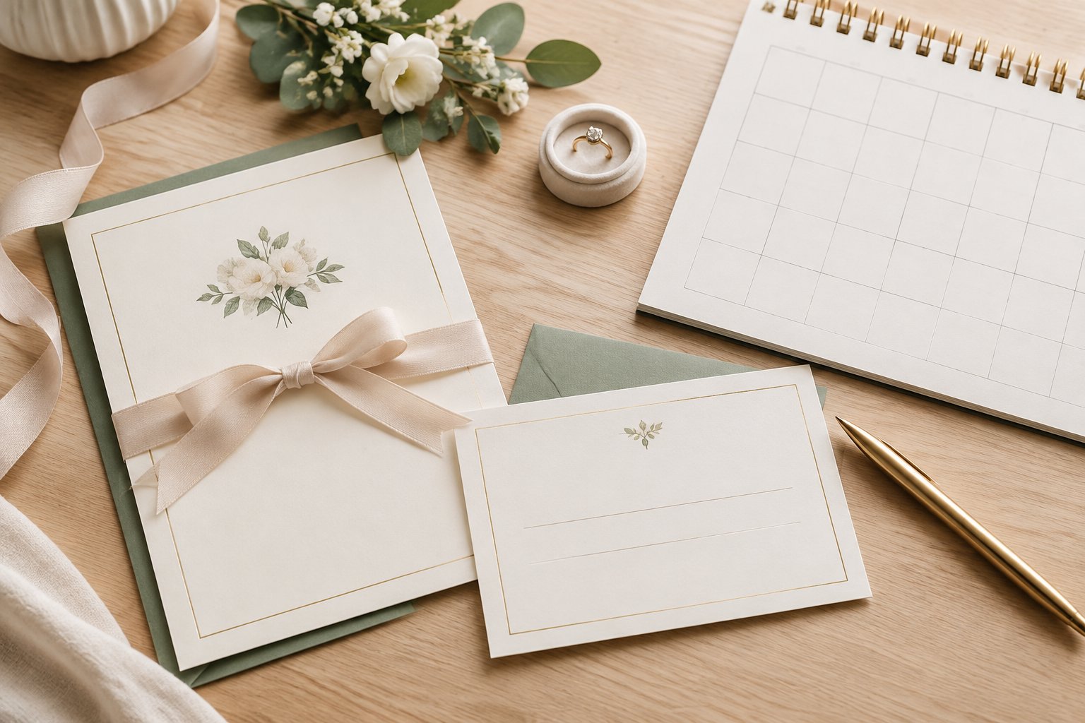 A wedding invitation and blank RSVP card beside a calendar and pen on a desk.