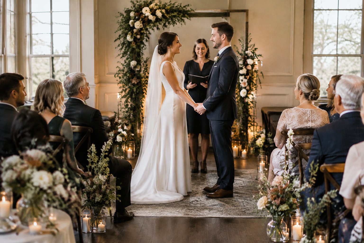 A couple exchanges vows before a small group of wedding guests.