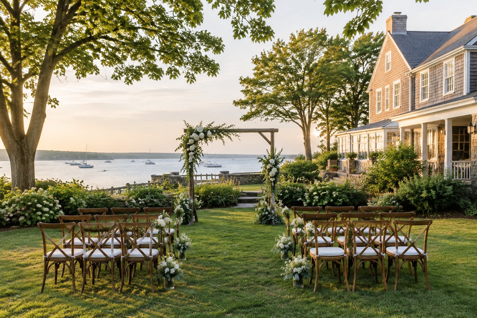 A small wedding ceremony set in a coastal garden beside a historic inn.
