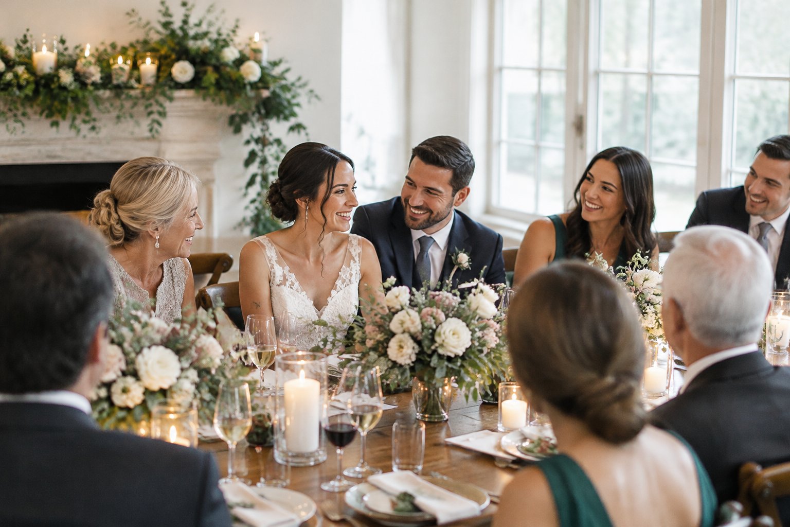 A newly married couple celebrates with guests around a decorated dining table.