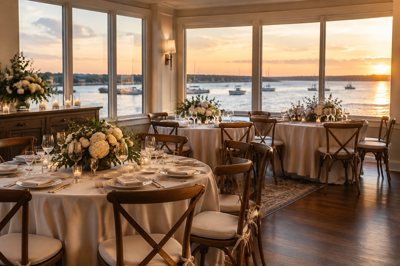 A small wedding reception set in a waterfront dining room overlooking a harbor.