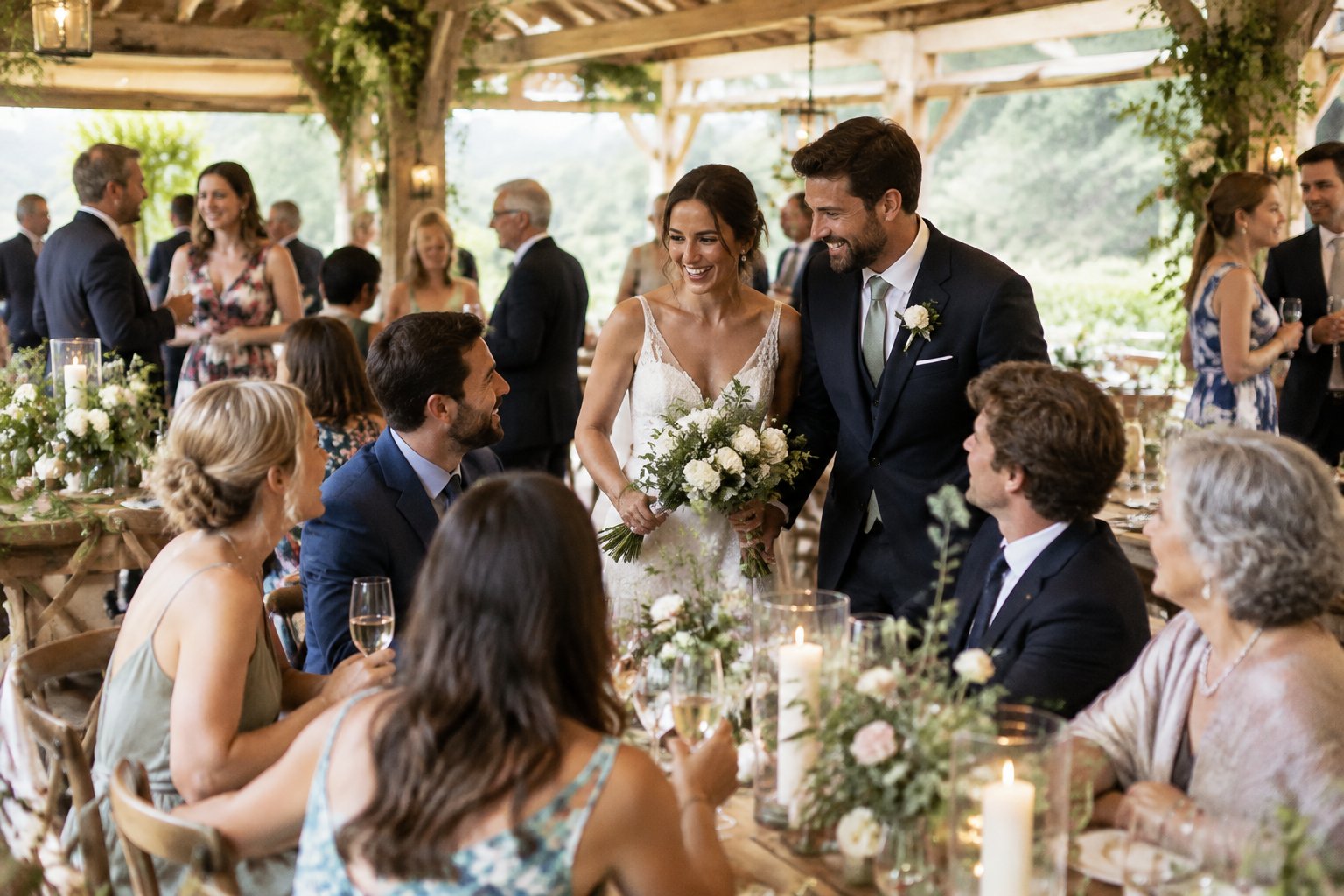 A newly married couple celebrates with guests gathered around tables at an intimate wedding reception.
