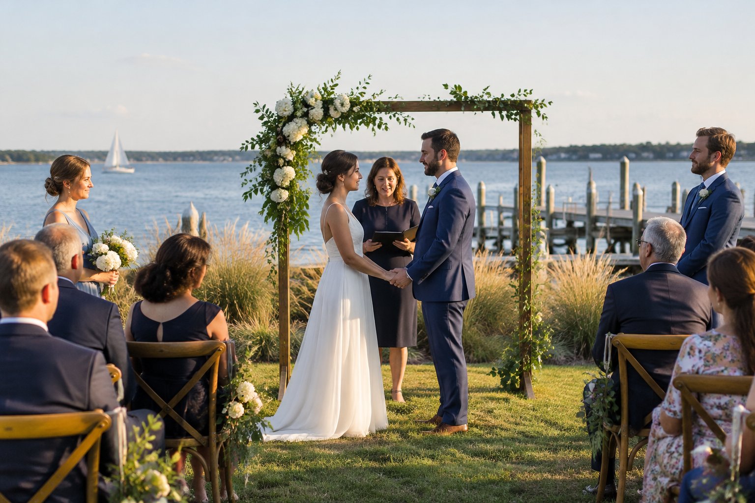 A couple exchanges vows with a small group of guests beside the water.