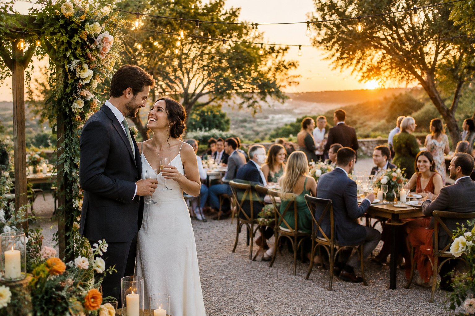 A couple celebrates with guests at a small garden wedding reception.