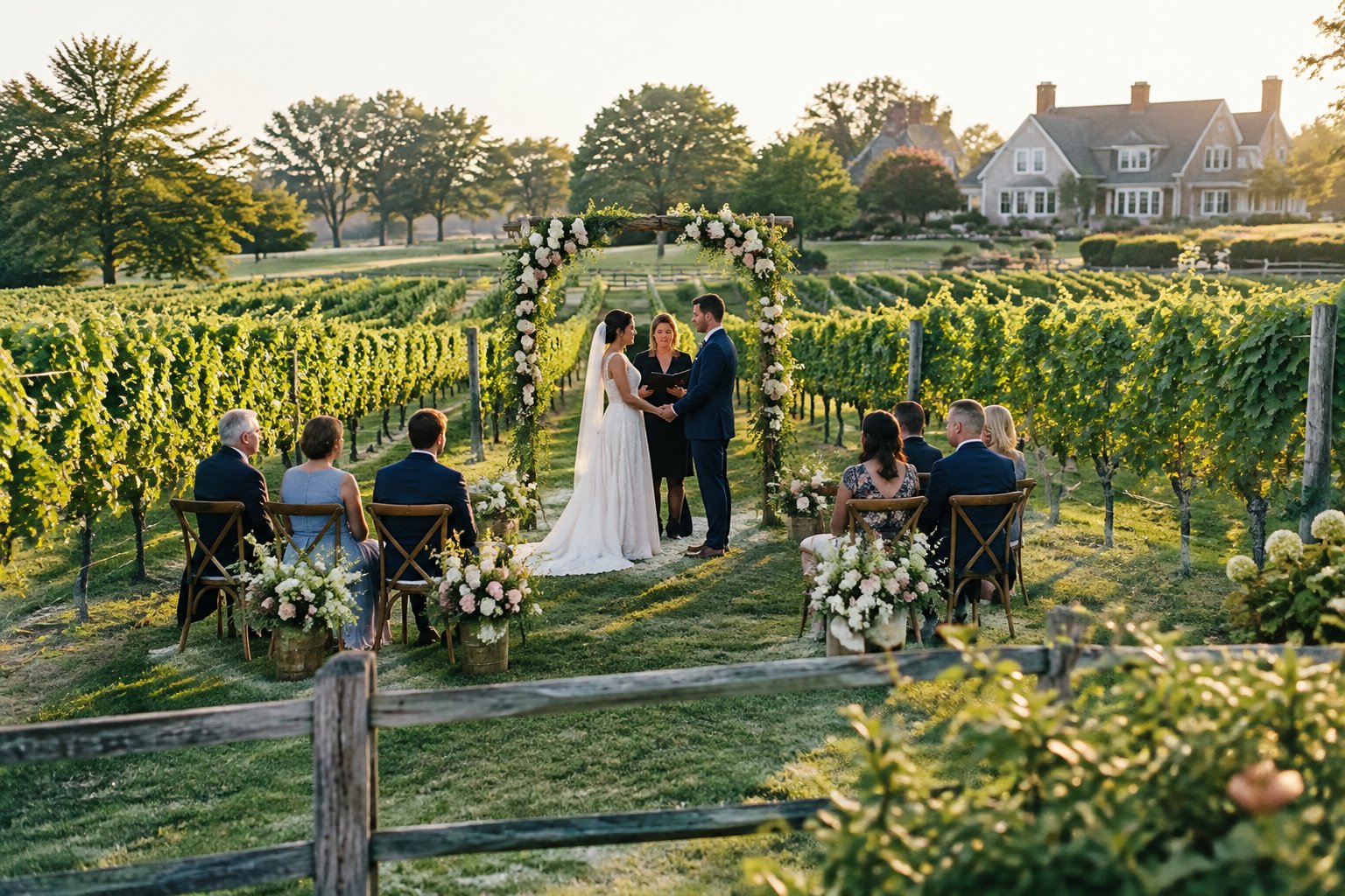 A couple exchanges vows beneath a flower-adorned arch in a vineyard garden.