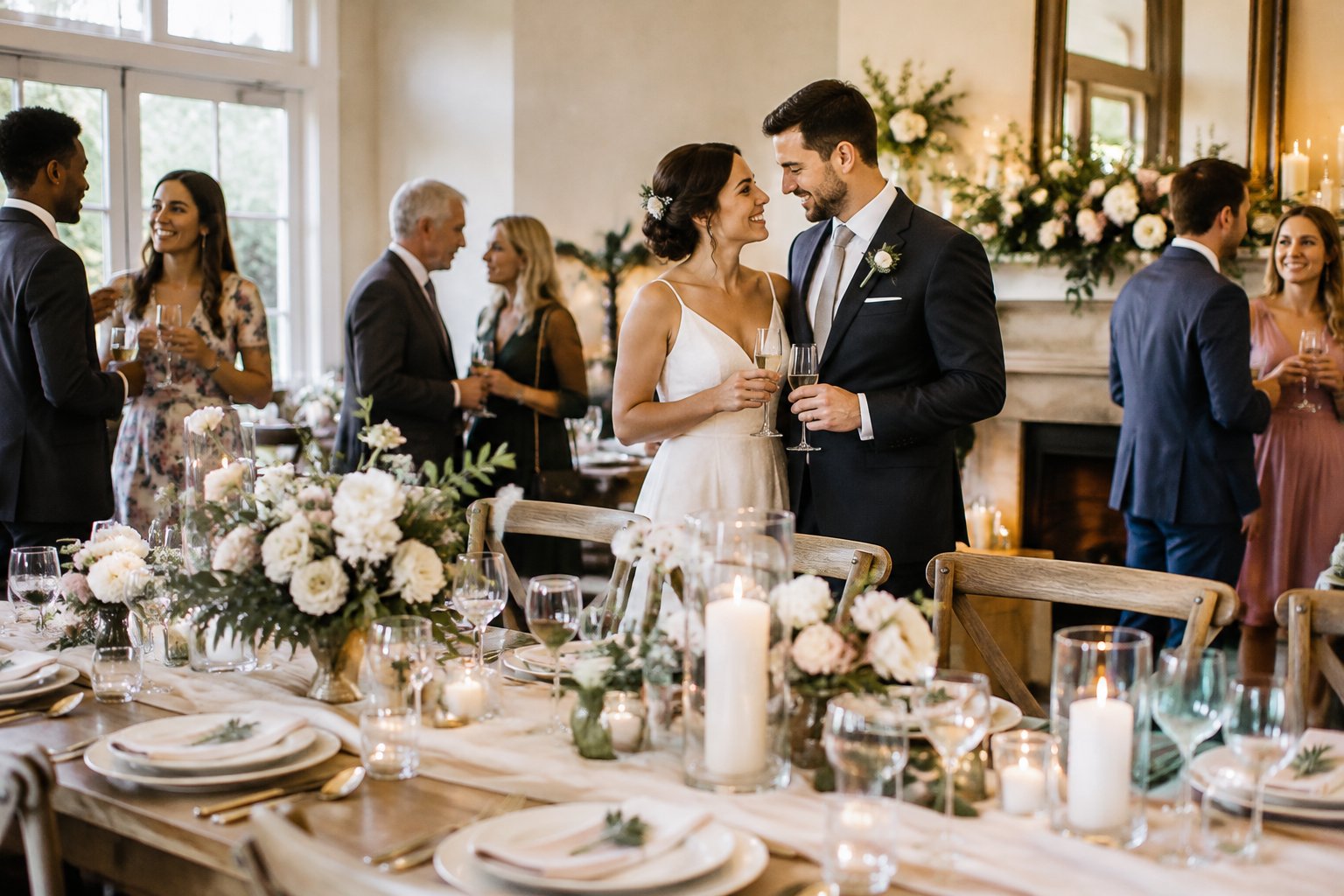 A newly married couple celebrates with guests at a small wedding reception.