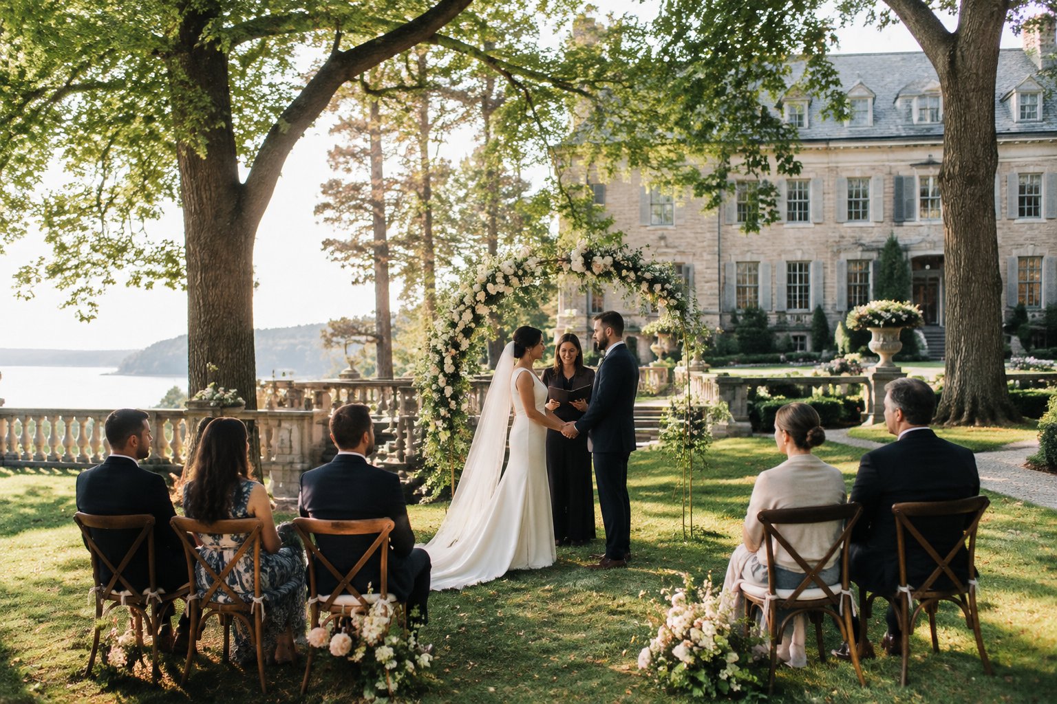 A small wedding ceremony taking place in the garden of a historic estate.