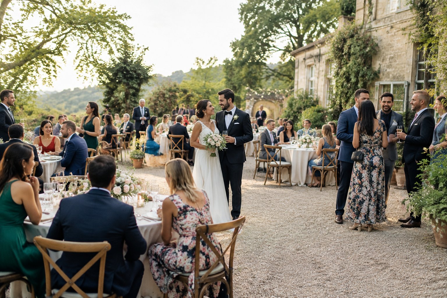 A newlywed couple celebrates with guests at an intimate wedding reception.