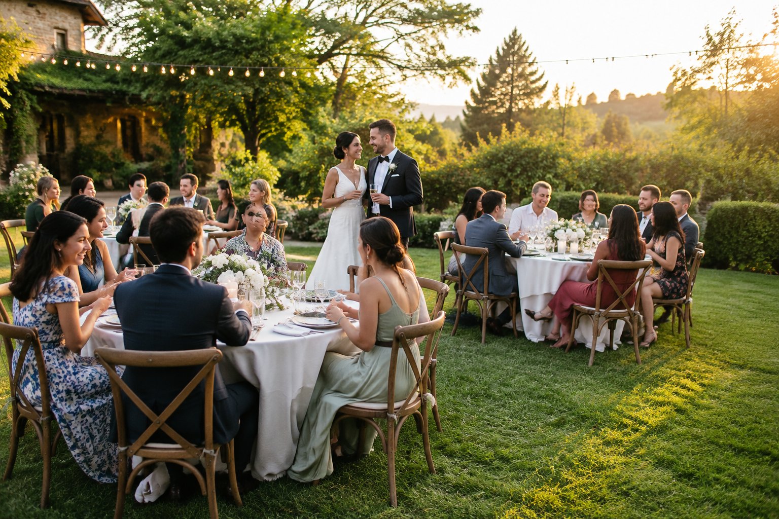 A newlywed couple celebrates with guests at a small garden wedding reception.