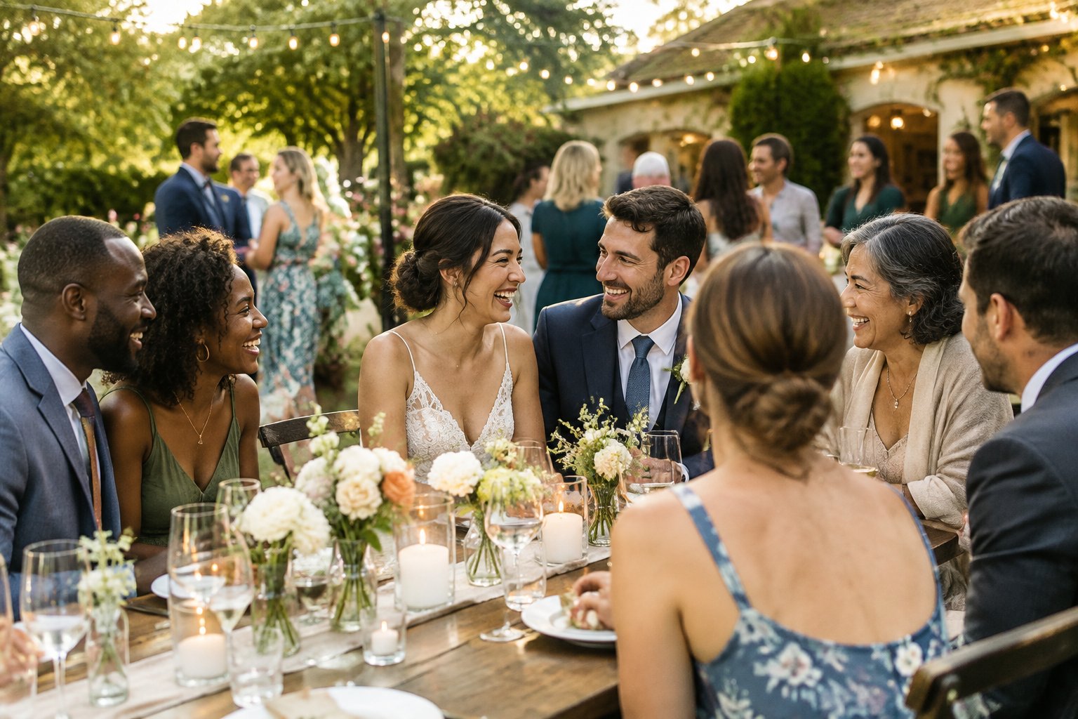 A newly married couple celebrates with family and friends at a small wedding reception.