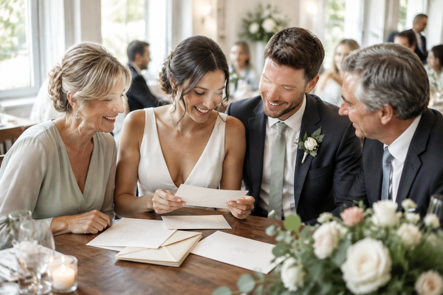 A couple and family members review wedding invitations together at a table.