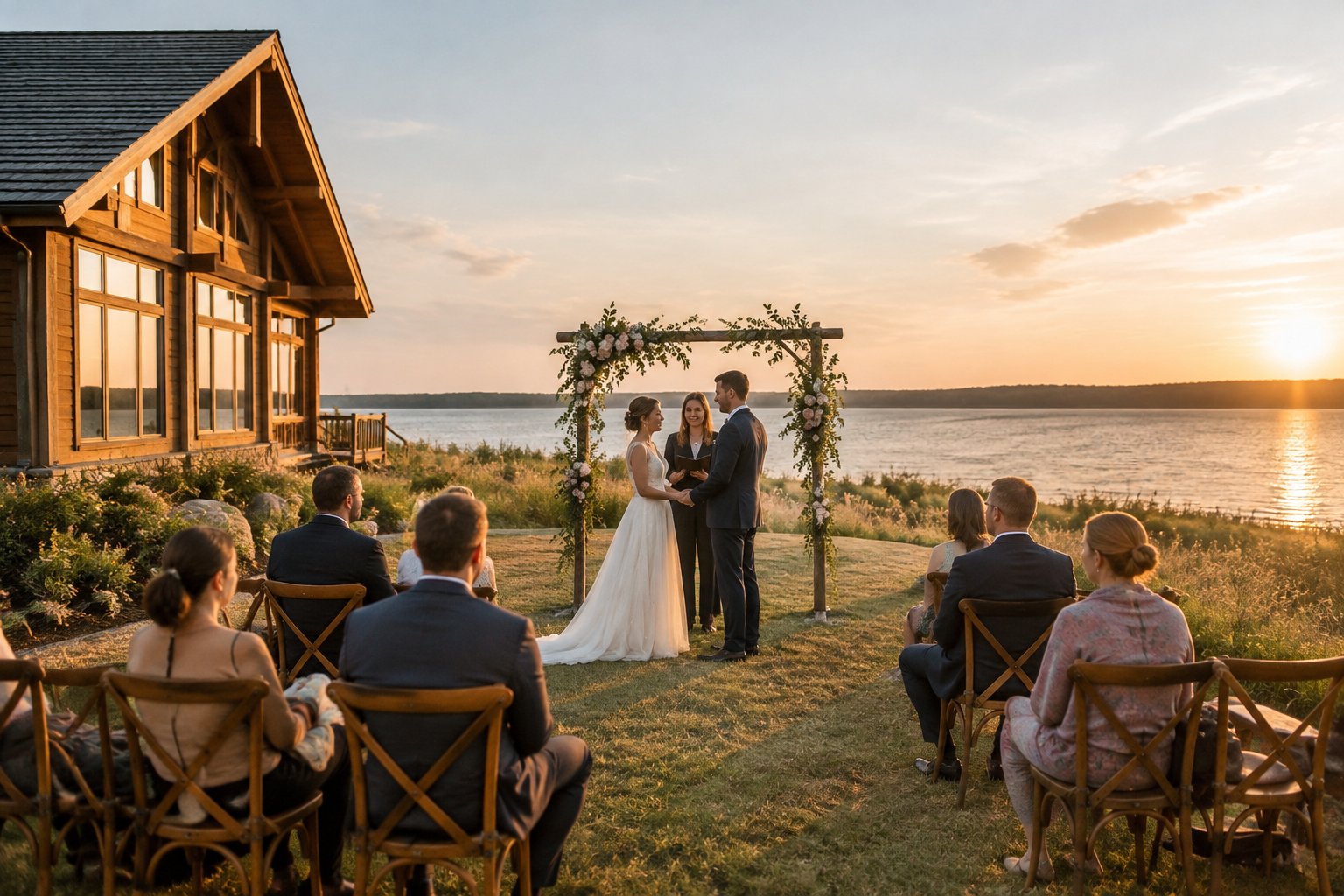 A couple exchanges vows at a small lakeside wedding ceremony with guests seated nearby.