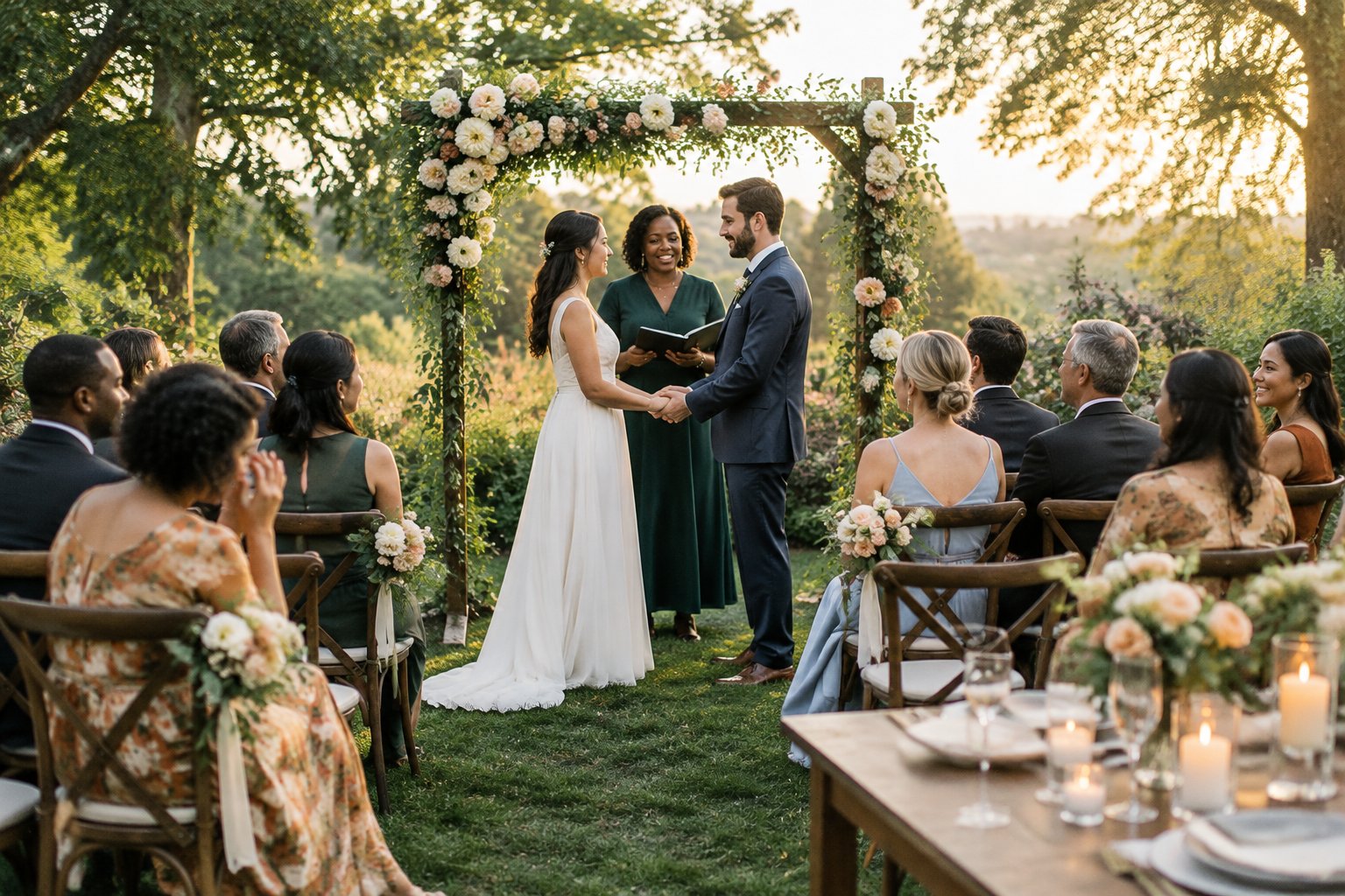 A couple exchanges vows before a small gathering of guests in a garden.