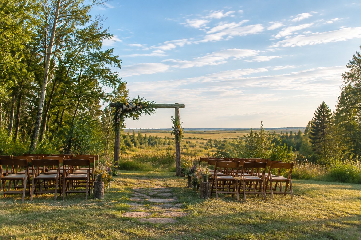 A small outdoor wedding ceremony setup beside a wooded prairie landscape.