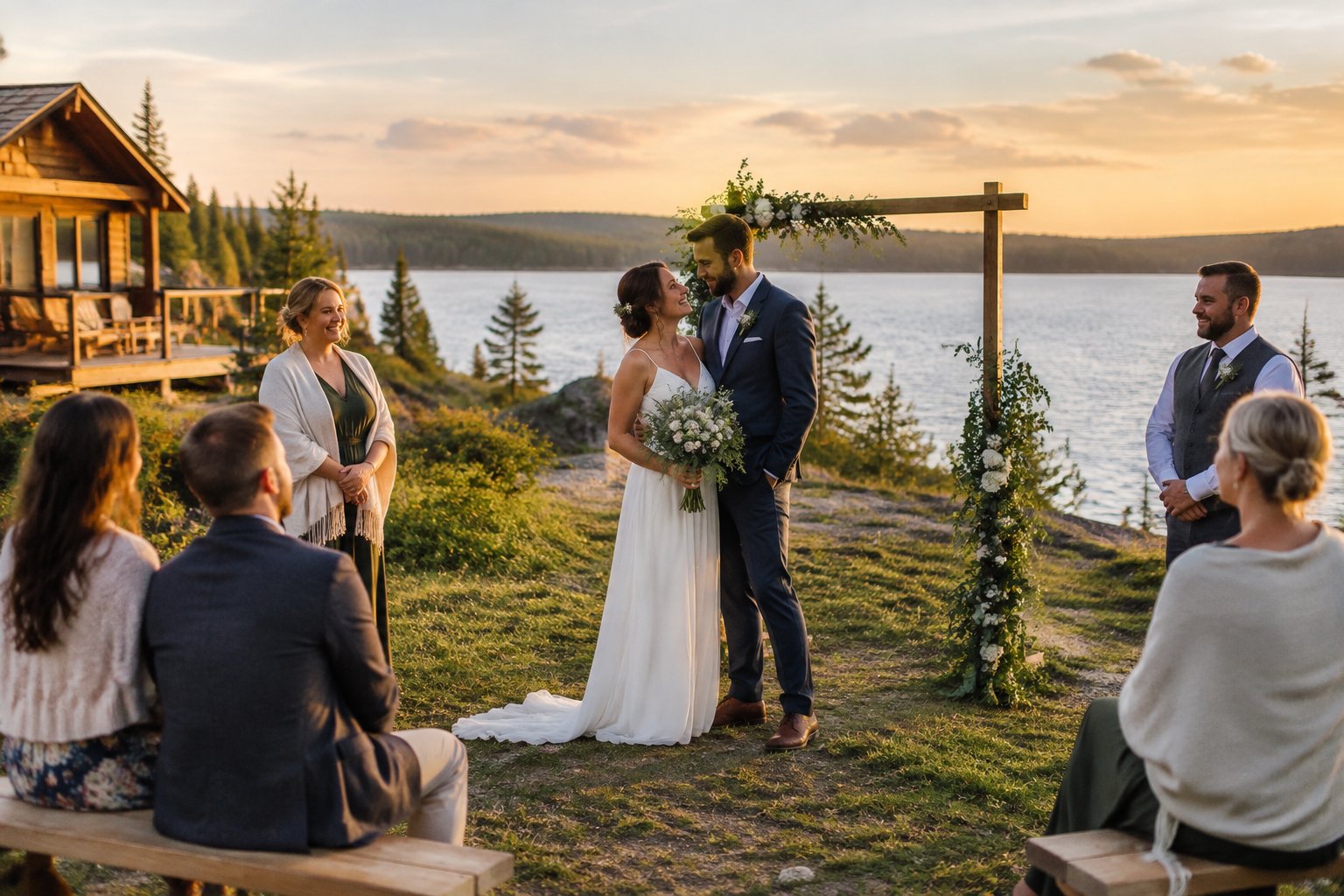 A newly married couple celebrates beside a Manitoba lake with a small group of guests.