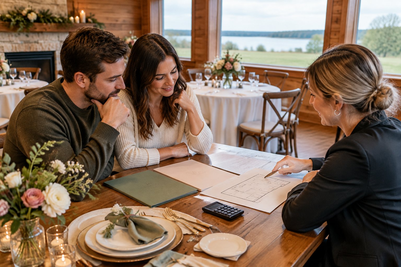 A couple and venue coordinator review wedding venue plans at a small table.