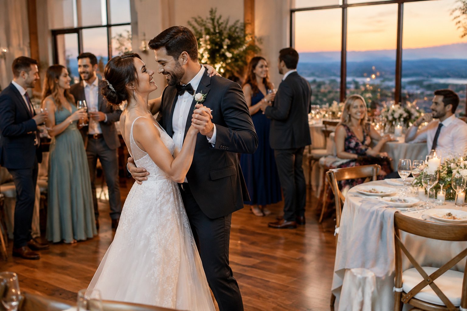 A newlywed couple dances while guests socialize at a wedding reception.