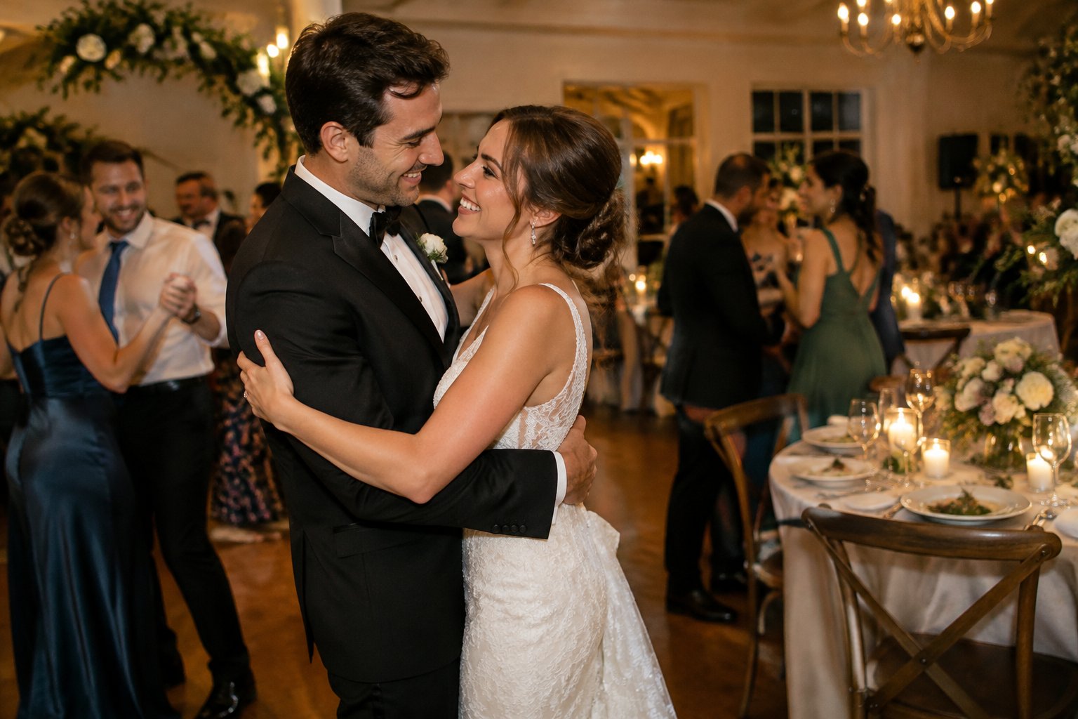A newlywed couple dances with guests at a warmly lit wedding reception.