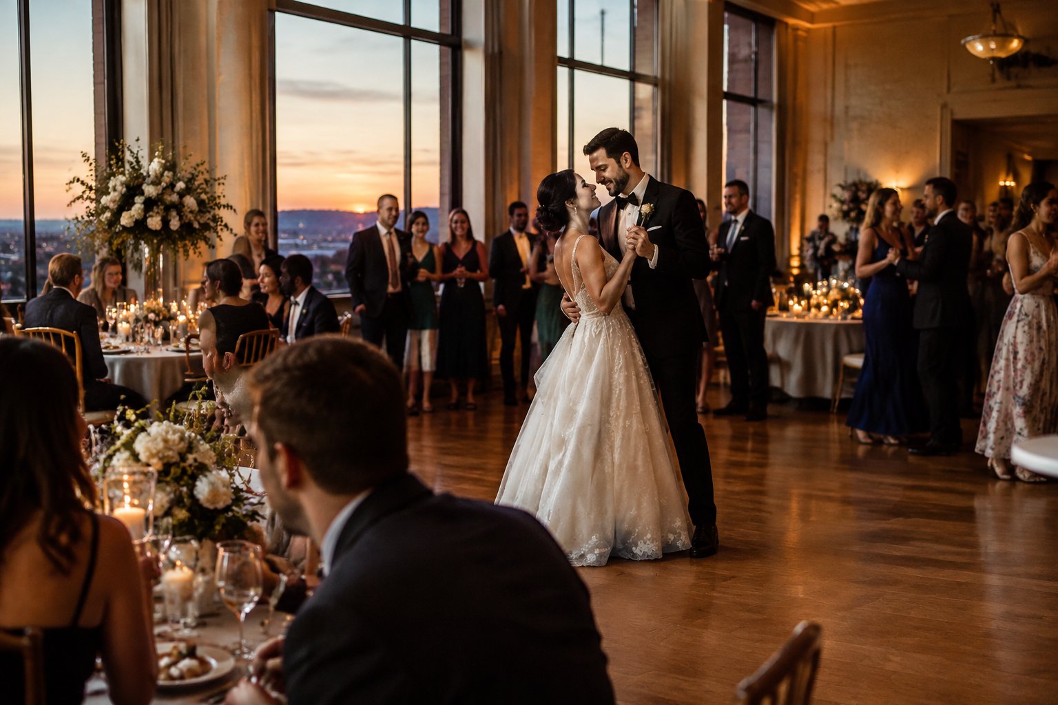 A couple dances while wedding guests celebrate around them.