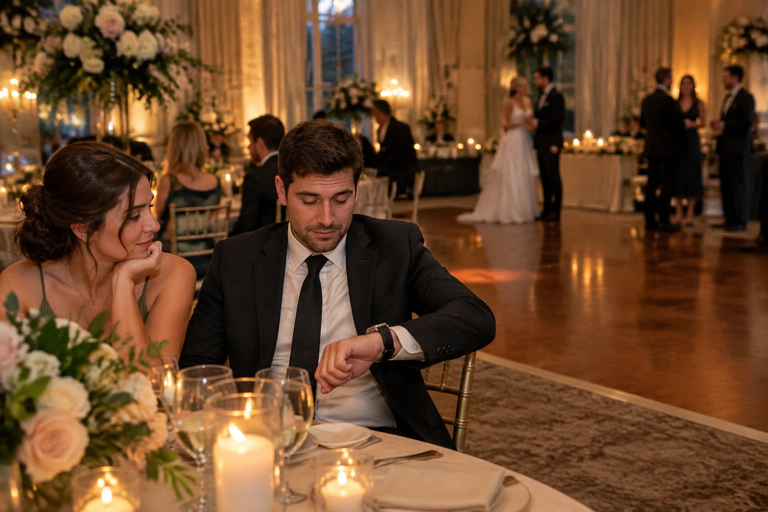 A tired wedding guest checks their watch at a reception with an almost-empty dance floor.