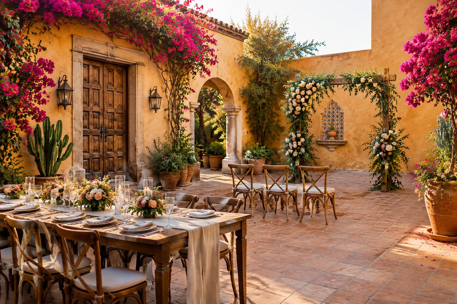 A small wedding ceremony set in a sunlit Mexican courtyard.