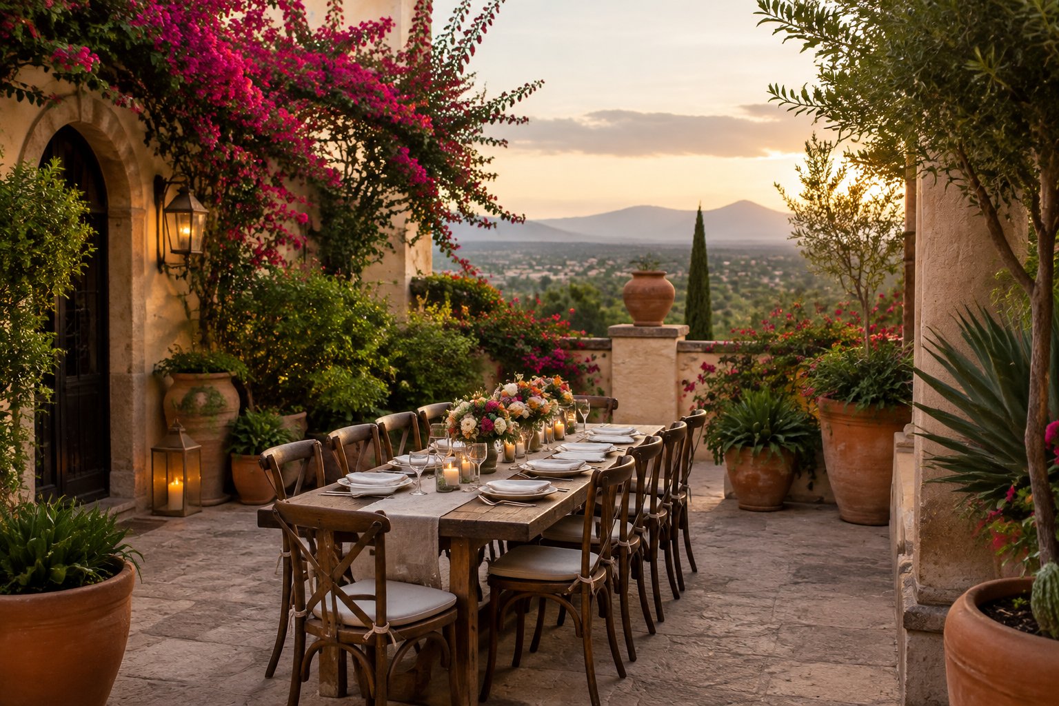 A small wedding table set in a leafy Mexican courtyard.