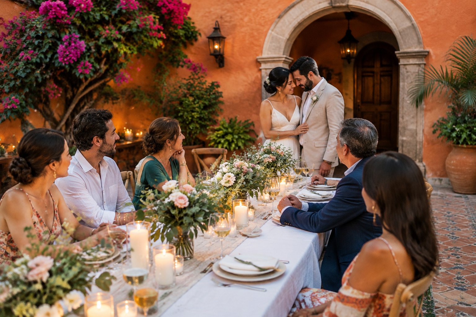 A couple celebrates an outdoor wedding dinner with family and friends in a Mexican courtyard.