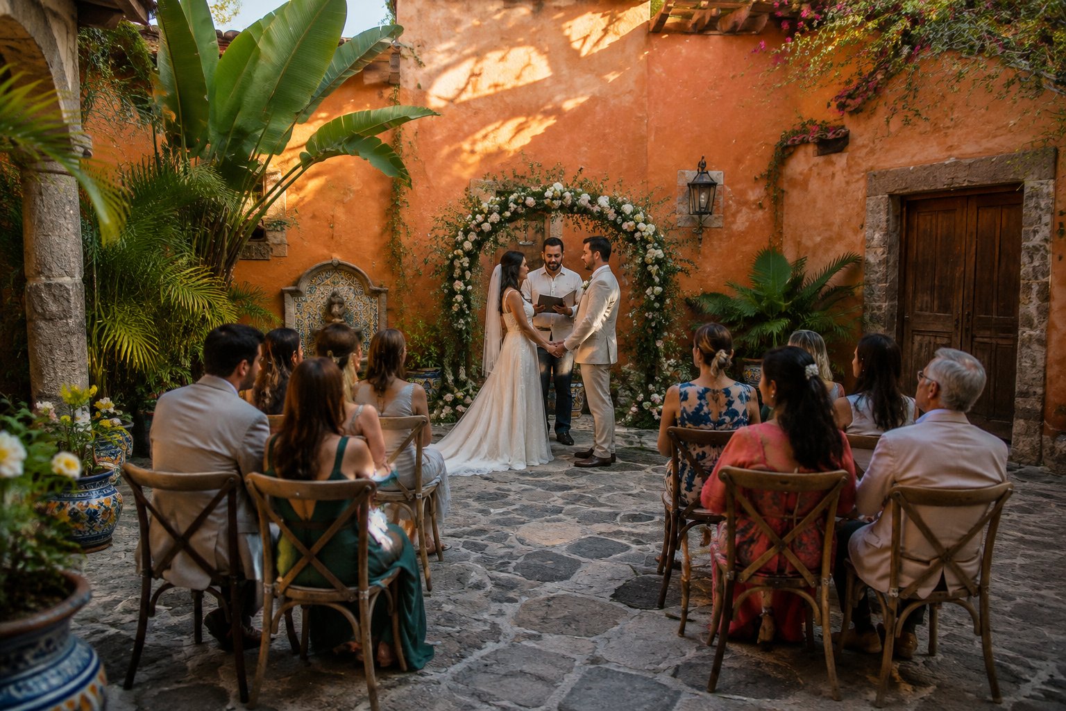 A couple stands beneath a flower arch in a small hacienda courtyard as guests watch.
