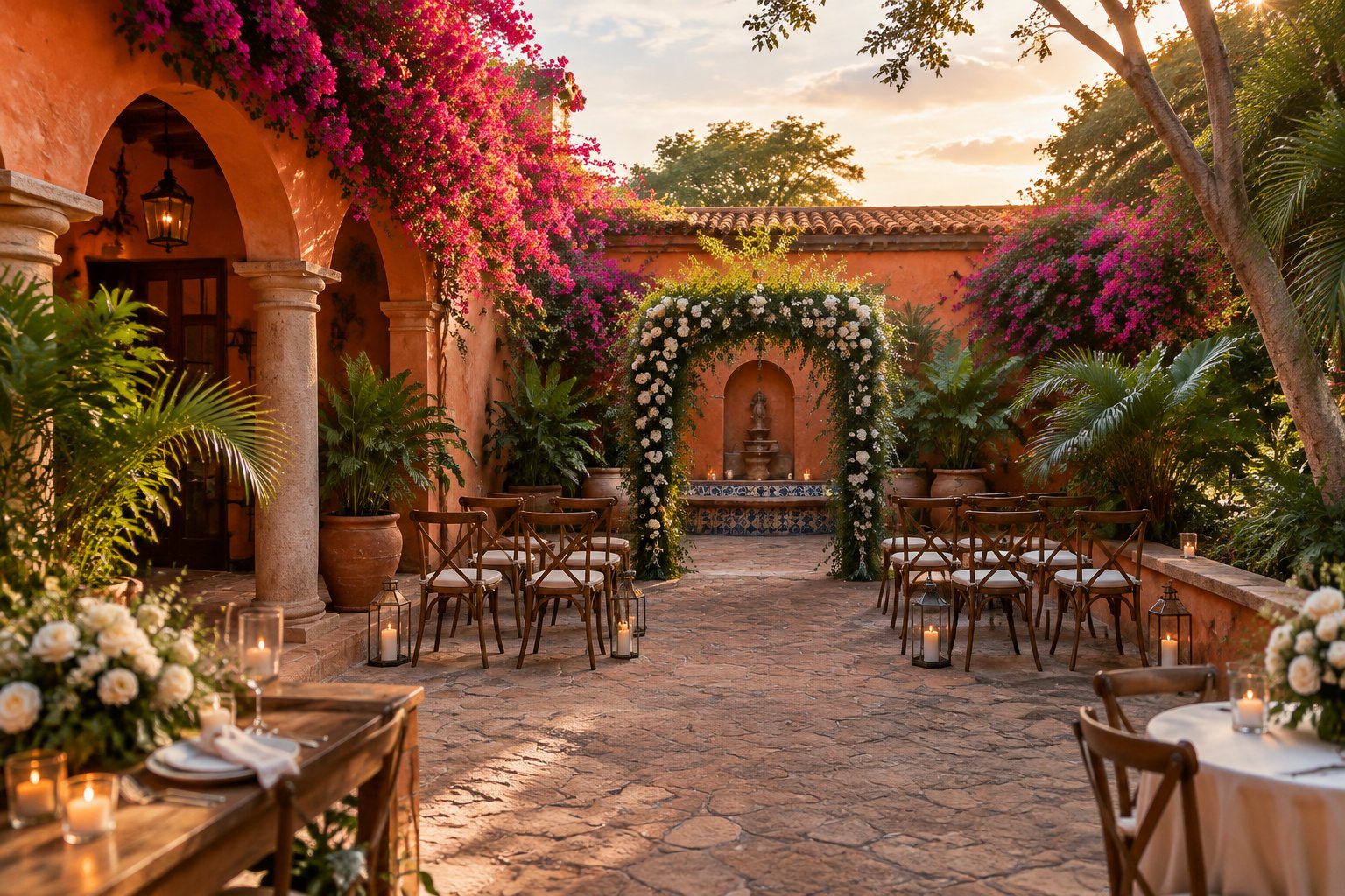 A small wedding ceremony in a flower-filled Mexican hacienda courtyard.