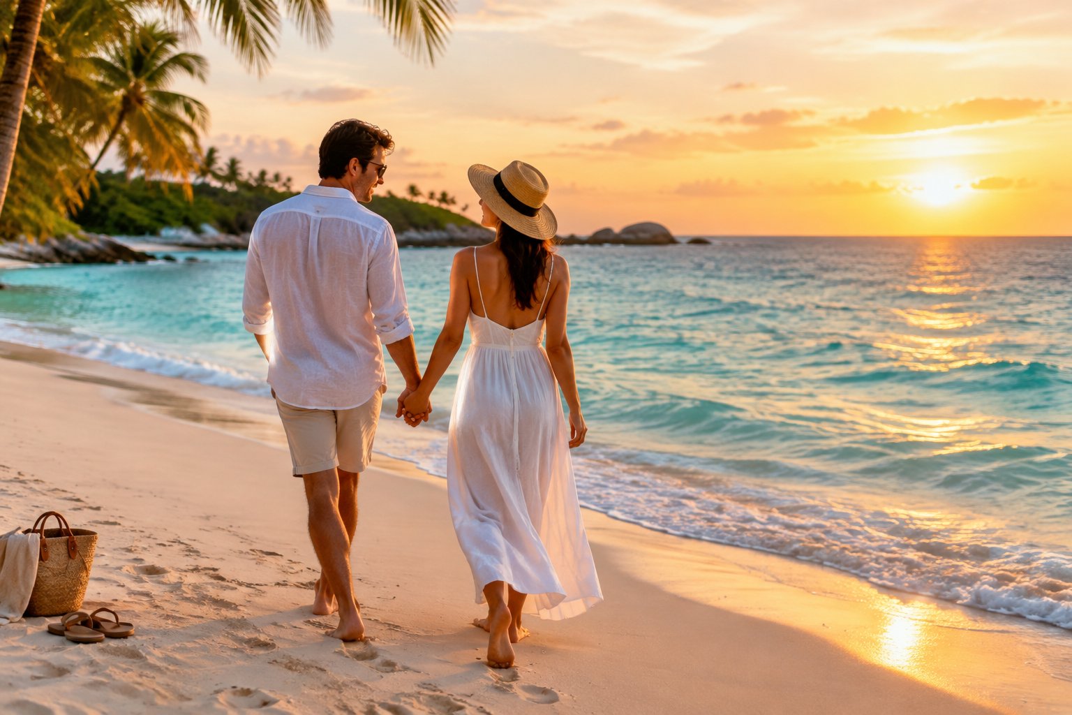 A newlywed couple strolls hand in hand along a tropical beach.