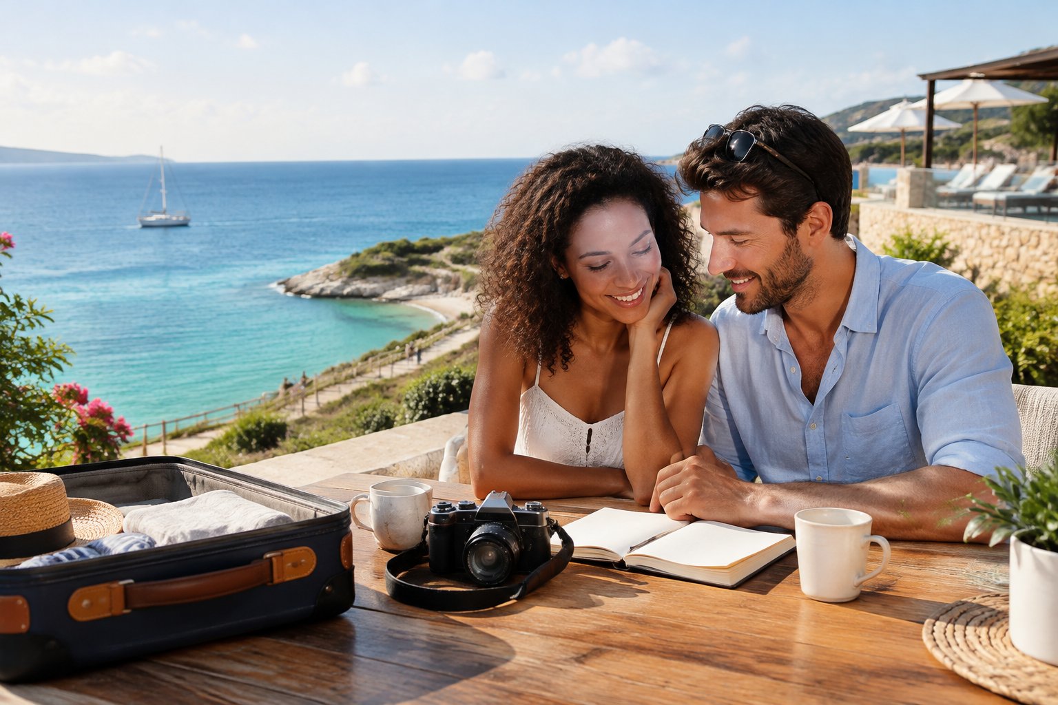 A newlywed couple relaxes together at a seaside resort with travel items on their table.