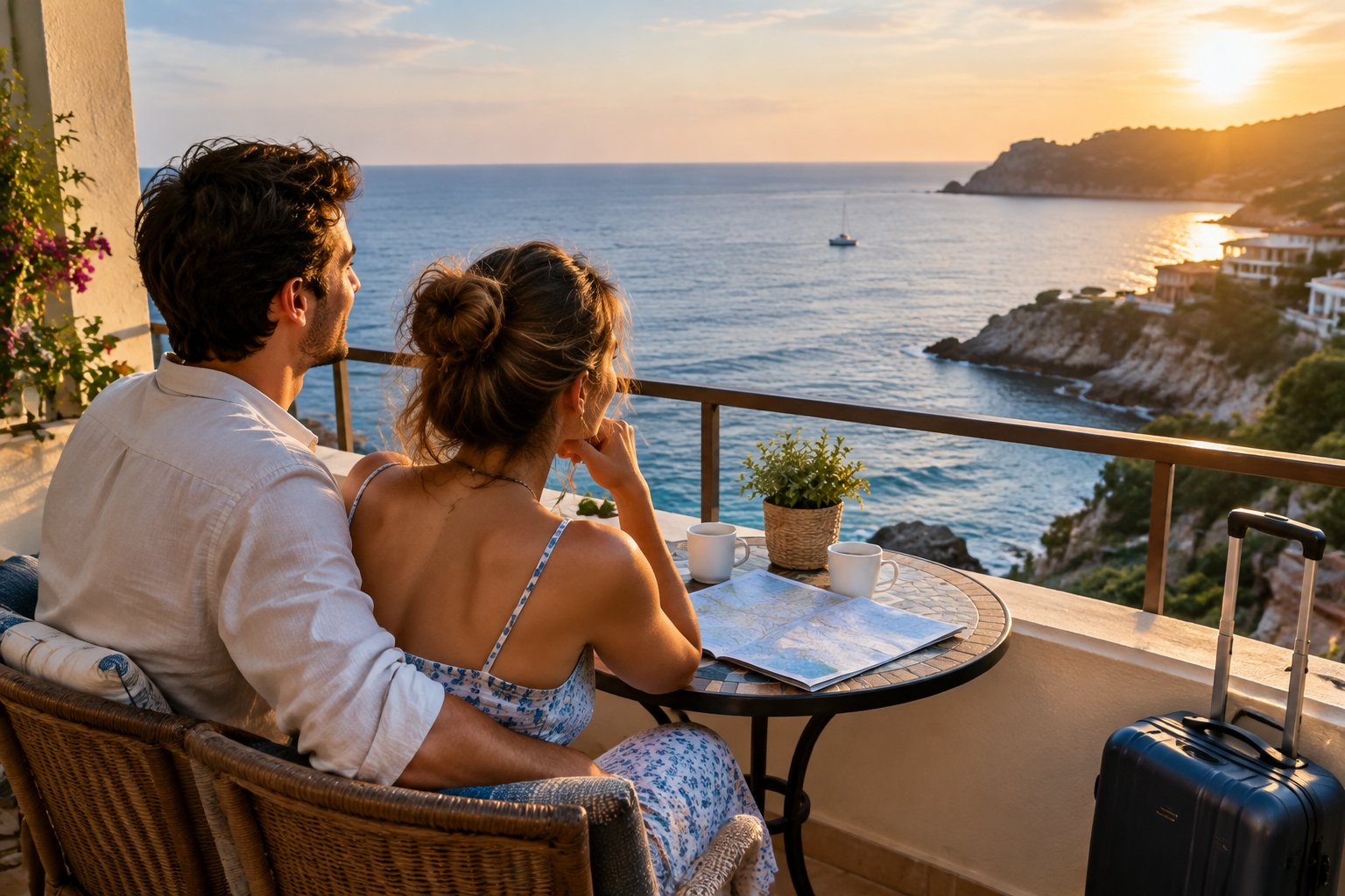 A newlywed couple relaxes together on a seaside hotel balcony overlooking the ocean.