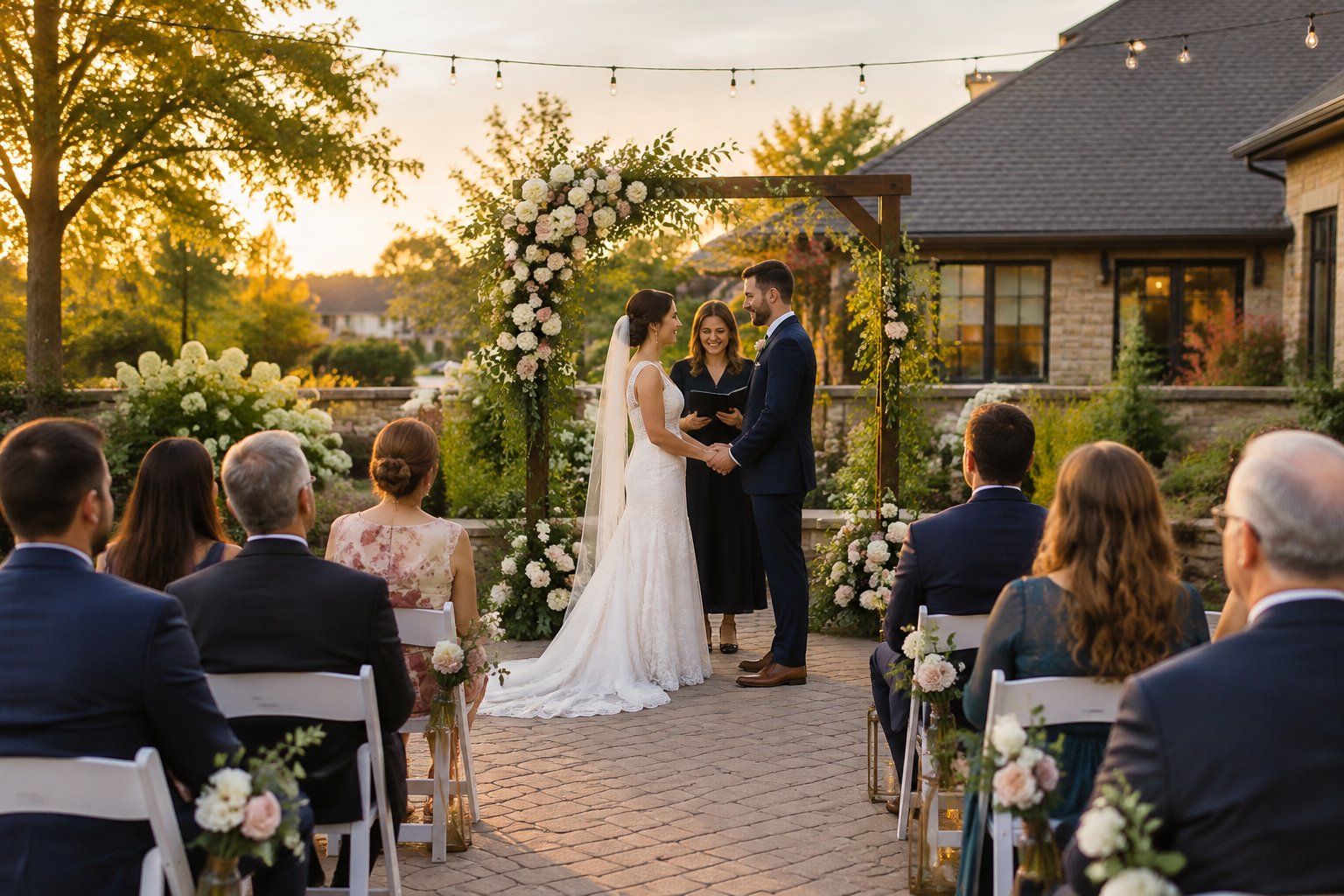 A couple exchanges vows beneath a floral arch in a garden courtyard as guests watch.