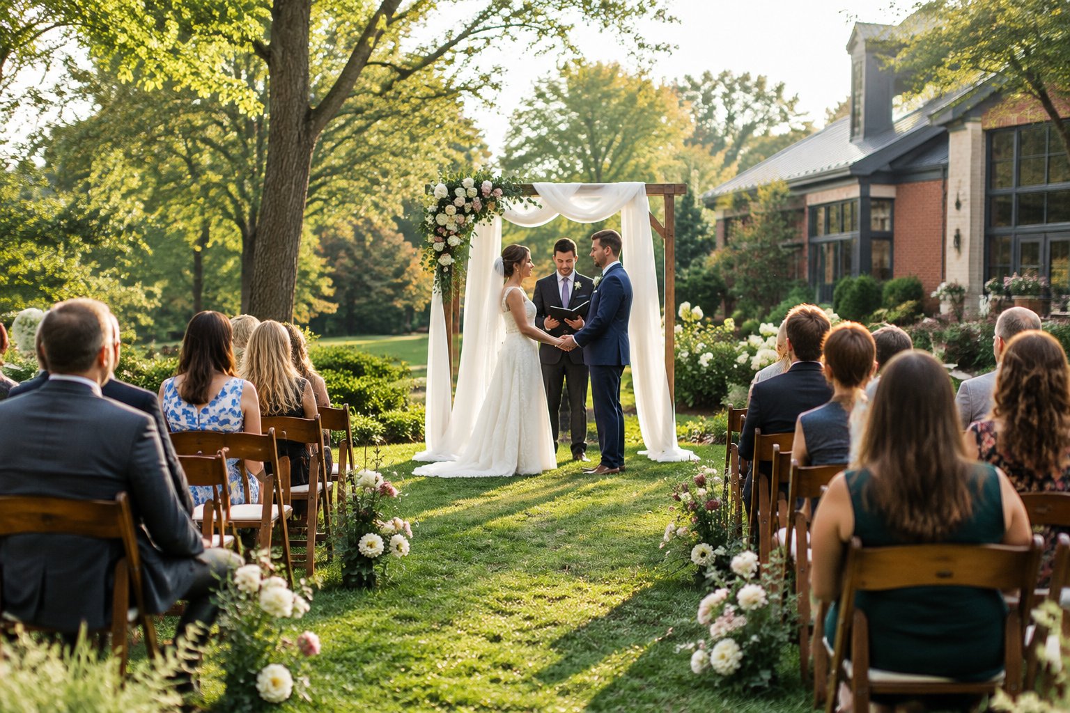 A couple exchanges vows beneath a garden arch as a small group of guests watches.
