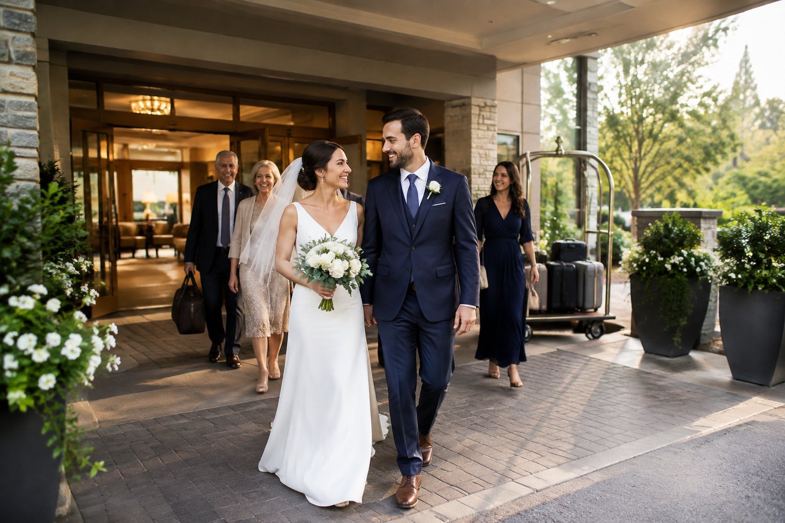 A newlywed couple arrives at a hotel with family members and overnight bags.
