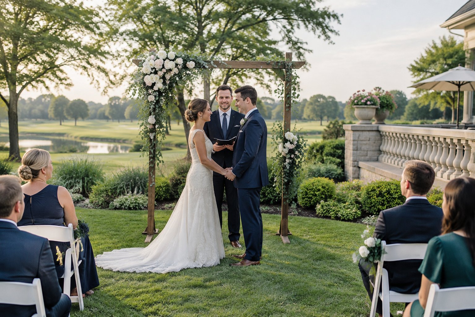 A couple celebrates their wedding in a garden at a country club with a small group of guests.