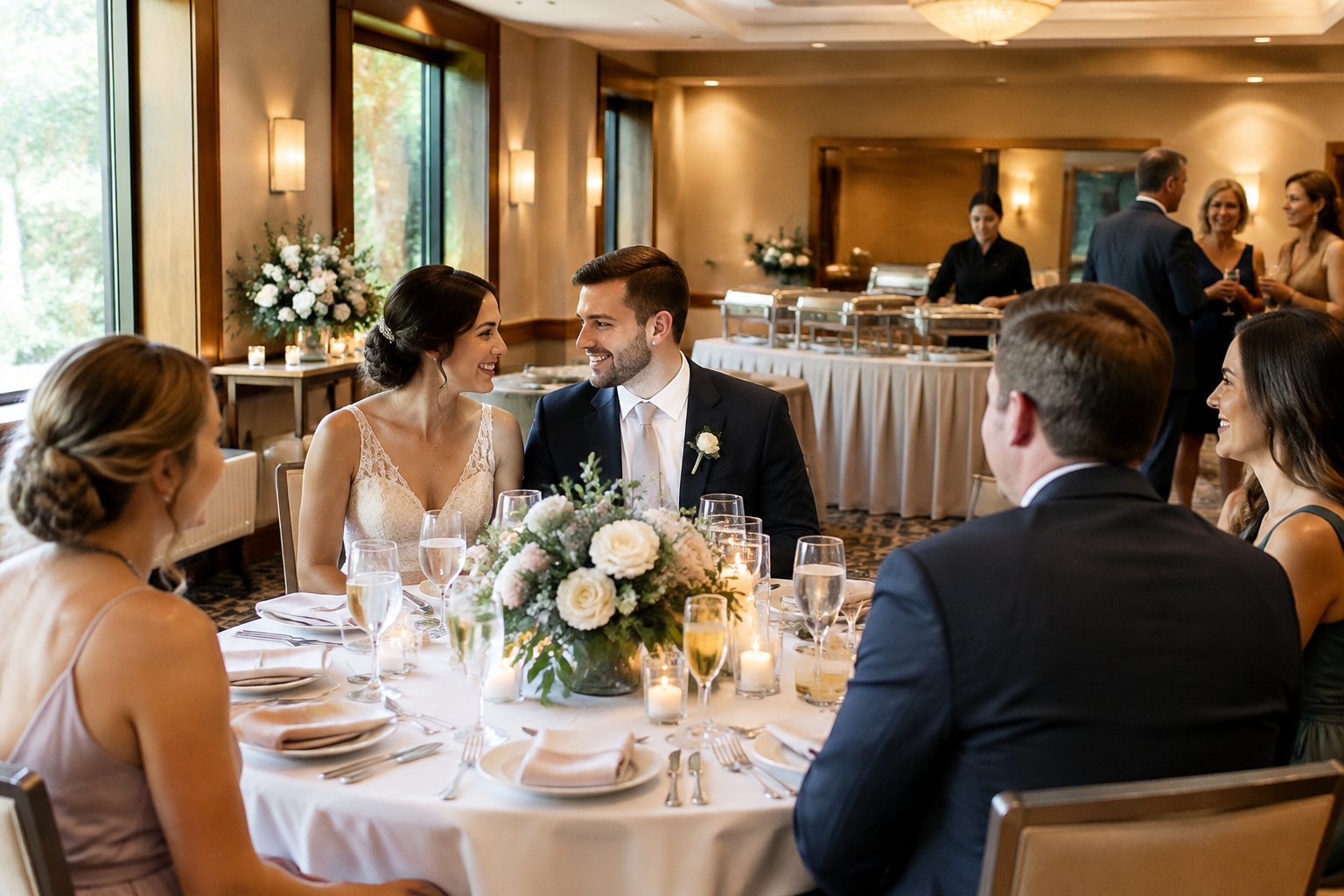 A newlywed couple celebrates with guests at a small banquet table.