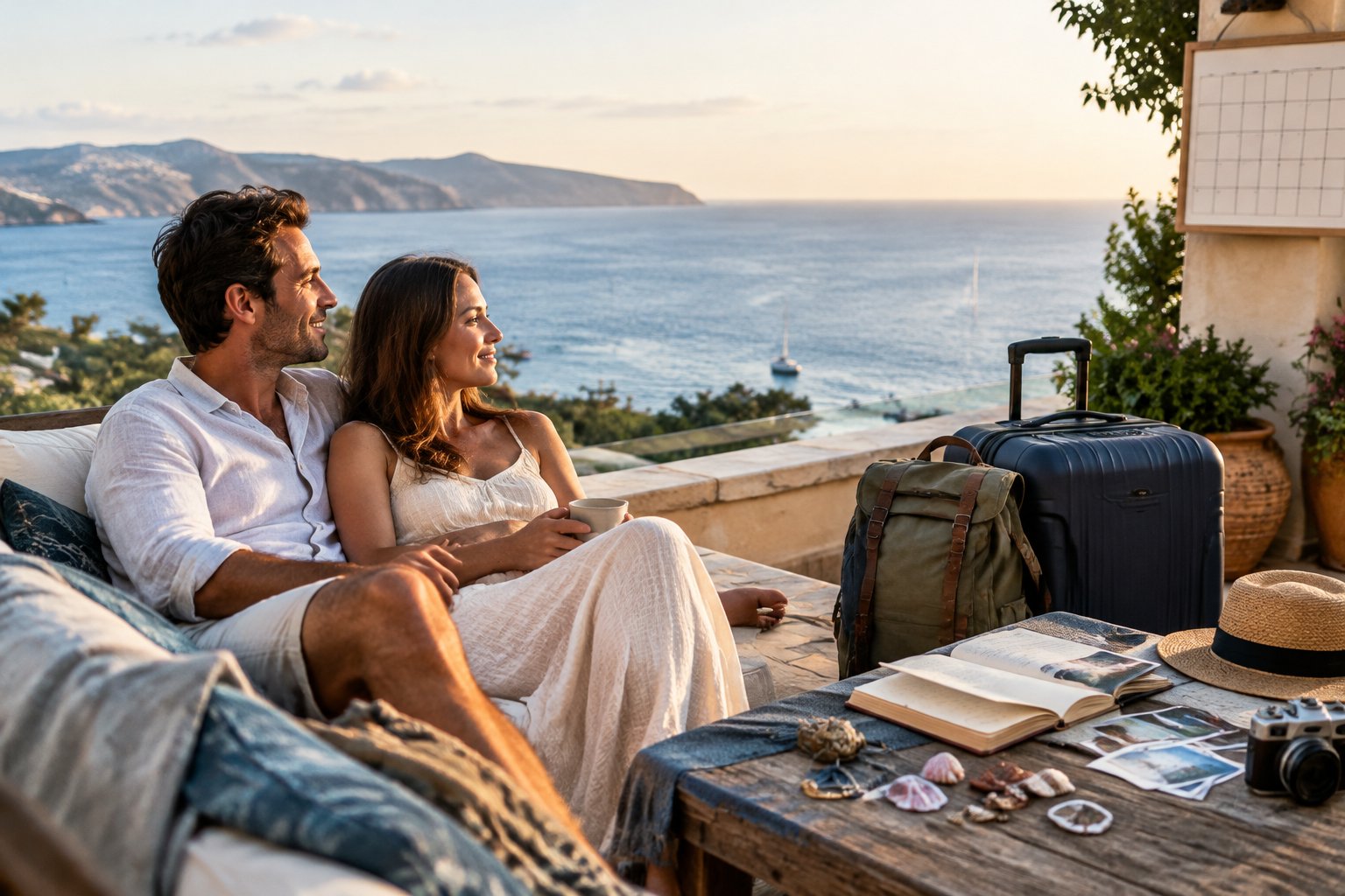 A newlywed couple relaxes at a coastal resort beside their luggage and travel mementos.
