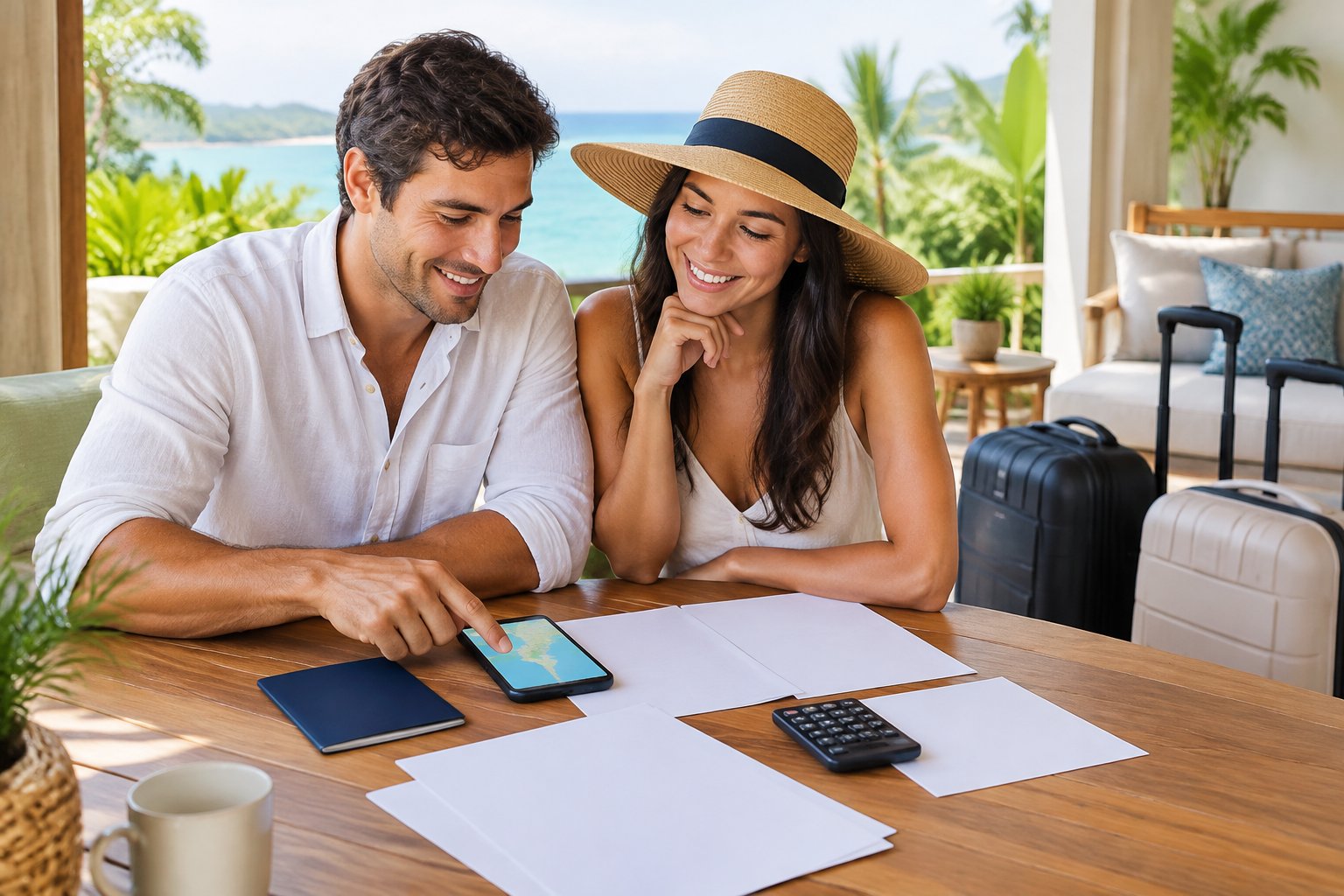 A newlywed couple plans a long honeymoon at a table with travel items and suitcases.