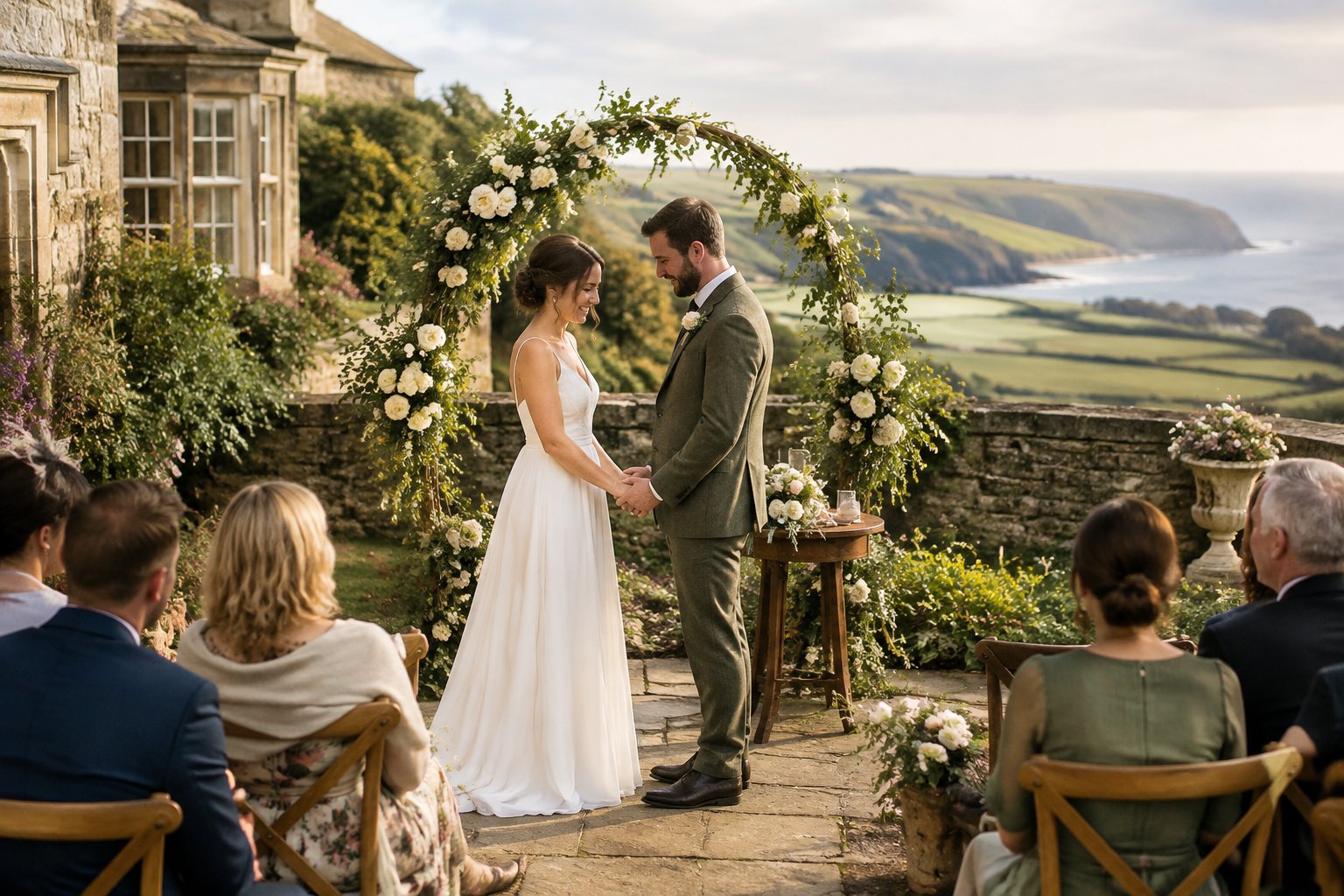 A couple shares a quiet moment with guests at a small garden wedding.