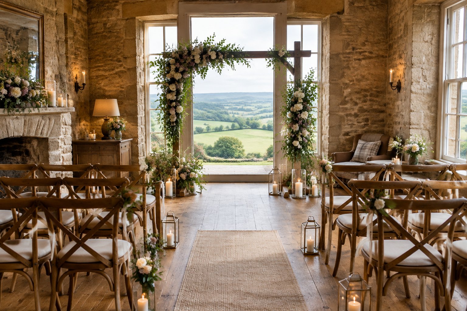 A small wedding ceremony setup in a stone countryside venue overlooking green hills.