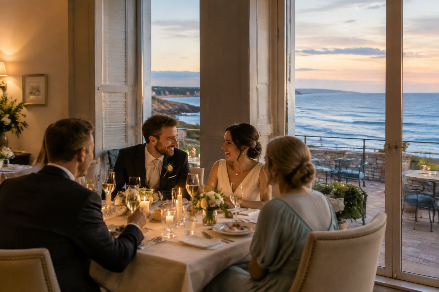 A small wedding reception in a seaside venue overlooking the coast.