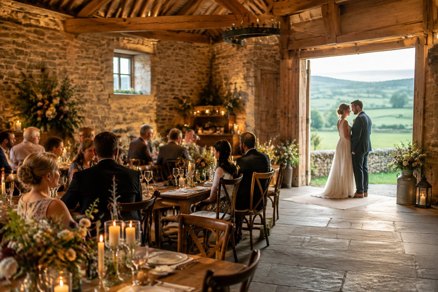 A couple and guests gather inside a country barn for an intimate wedding.