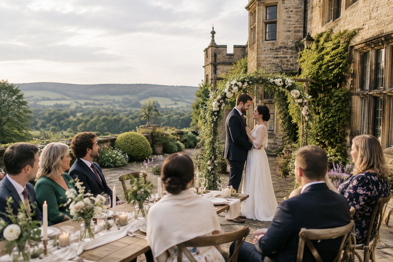 A couple celebrates with a small group of guests in the garden courtyard of a historic stone manor.