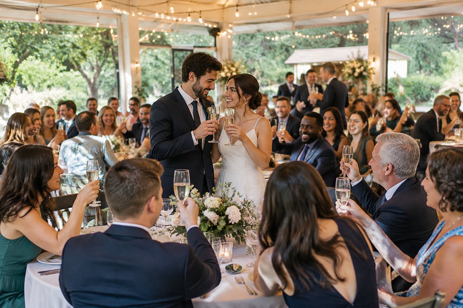 A newly married couple celebrates with family and friends at an intimate wedding reception.