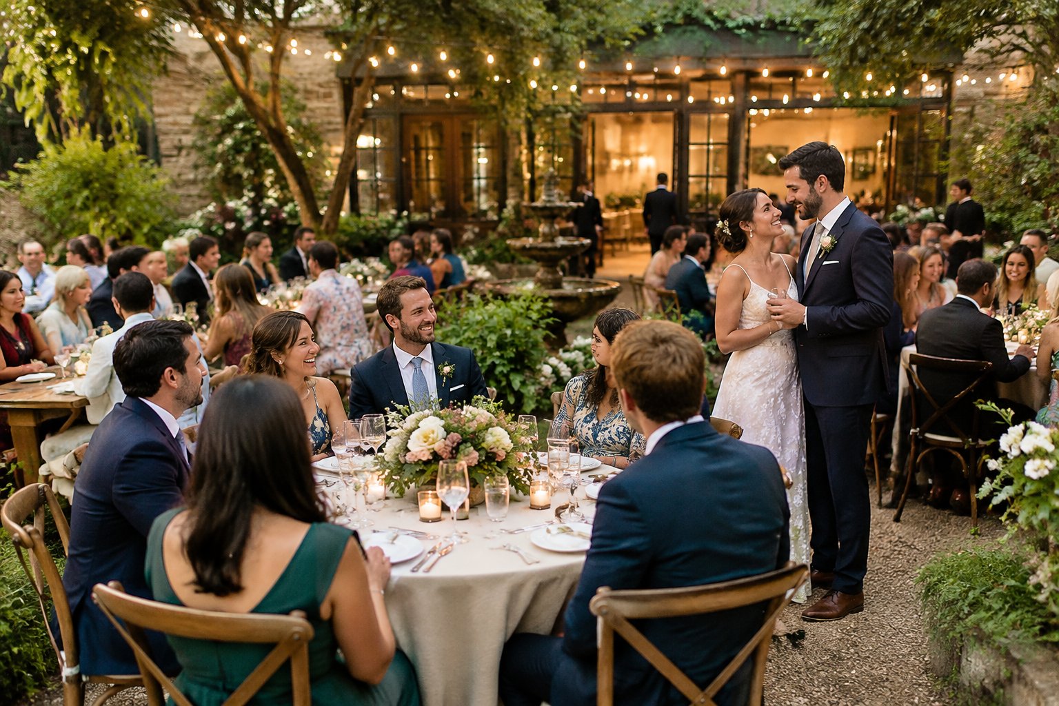 A newlywed couple celebrates with guests at a warmly decorated wedding reception.